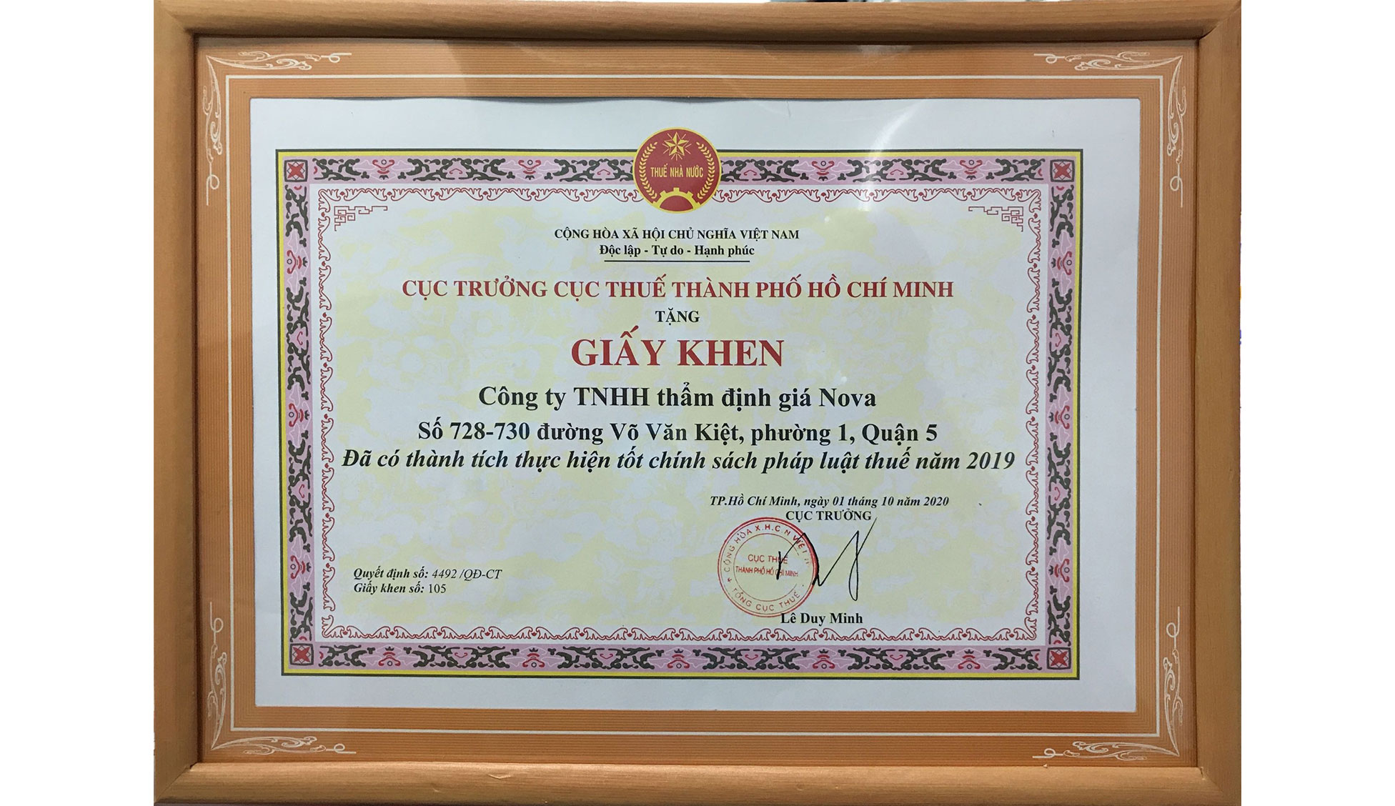 GIẤY KHEN CỦA CỤC THUẾ TP.HCM